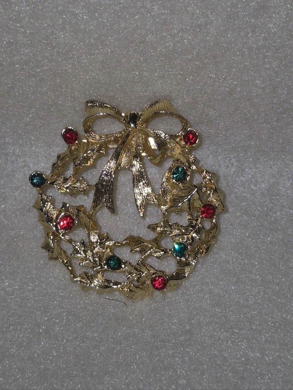 Holiday Wreath Brooch with Red and Green Faux Stone